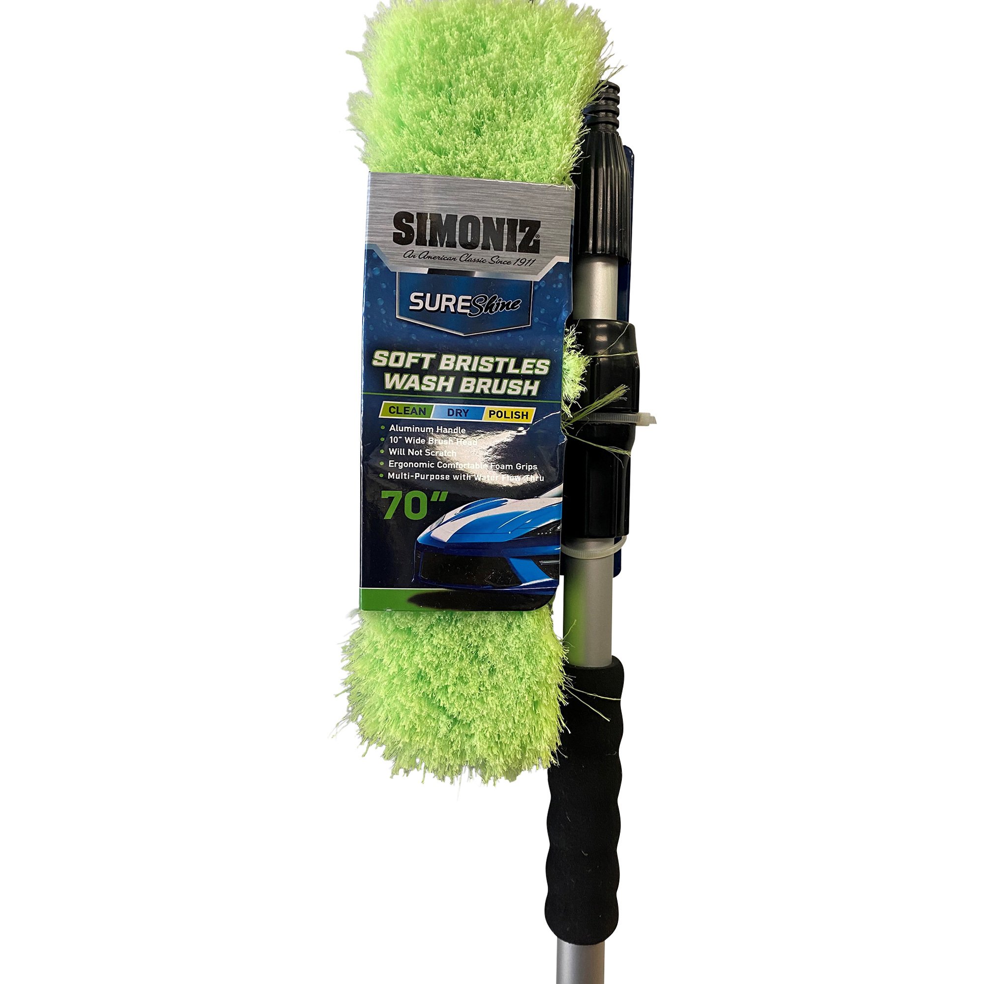 Simoniz Sure Shine Soft Bristle Wash Brush — Green, 10in.W Head with Handle Extension to 70in., Model# 00207